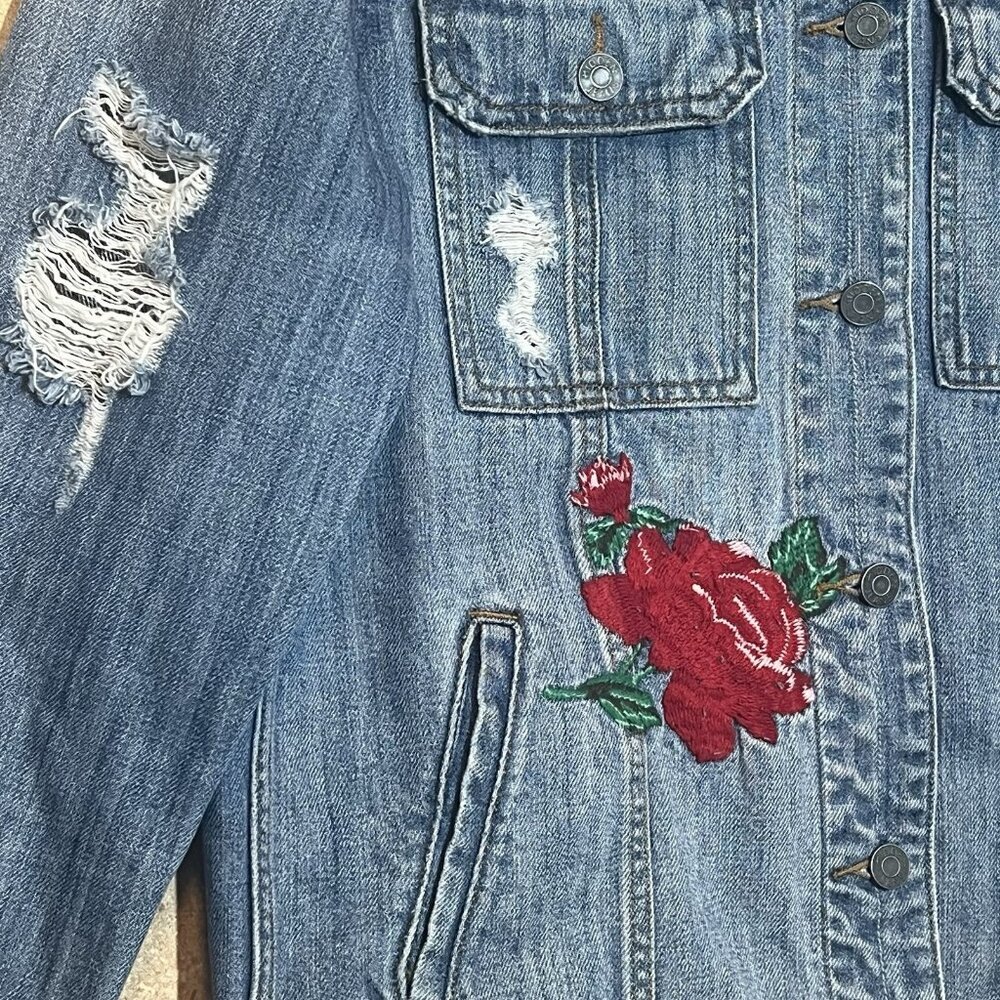 Hidden Embroidered Distressed Denim Jean Jacket Size Small Grunge Y2K Women's - Picture 7 of 12
